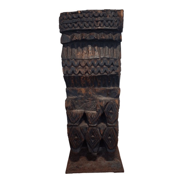 Stunning Antique Hand-Carved Wooden Architectural Pillar Fragment on Custom Metal Stand For Sale