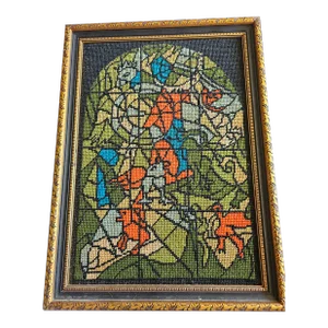 Vintage Cross Stitch Needlepoint Stained Glass Window, Beautifully Framed MCM