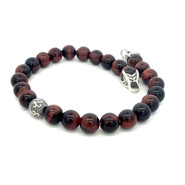 Contemporary 1990s David Yurman Tiger Eye Engraved Spiritual Ball Bracelet 9" Sterling Silver Estate For Sale - Image 3 of 4