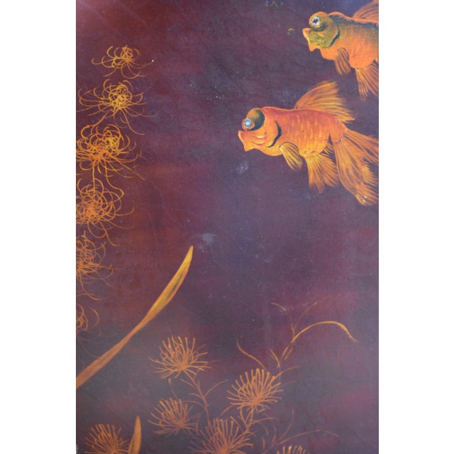 1950's Song Ho Vietnamese Black Lacquer Gold Koi Fish Artwork Painting on Wood For Sale - Image 6 of 18