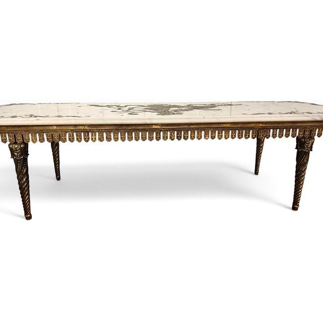 Mid 20th Century Vintage Italian Neoclassical Etched Marble and Gilt Brass Low Coffee Table For Sale - Image 5 of 17
