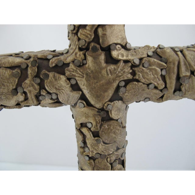 Mexican Folk Art Milagros Turned Wood Cross Nailed Brass Charms Wall Hanging For Sale In Portland, OR - Image 6 of 11