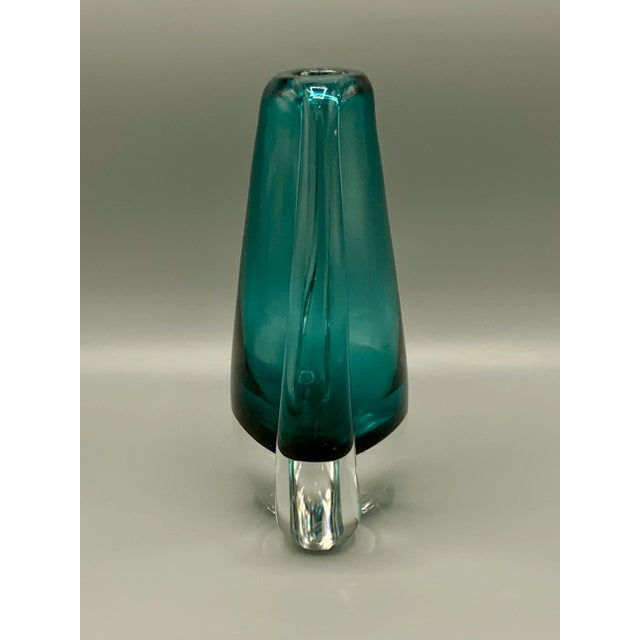 Blue Mid-Century Modern Art Glass Vase, 7" Blue with clear, Hand Blown. 7 x 5 x 2.5" Minor scratches on base, scratch on...