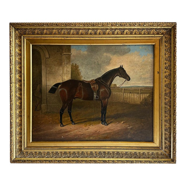 1800s Century "Reprieve" Antique Bay Hunter Horse Painting Oil on Canvas by Apelles For Sale