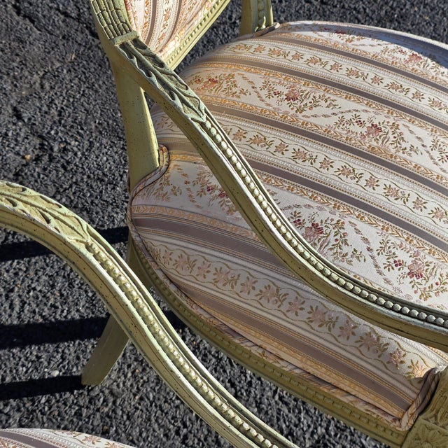 Pair of French Louis XVI Style Painted Celadon and Cream Oval Back Fauteuil Armchairs With Floral Stripe Upholstery, Mid 20th Century For Sale - Image 4 of 10