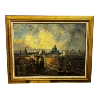 Mid-Century Modern Dramatic London Skyline Oil Painting – Framed, 30" X 40" For Sale