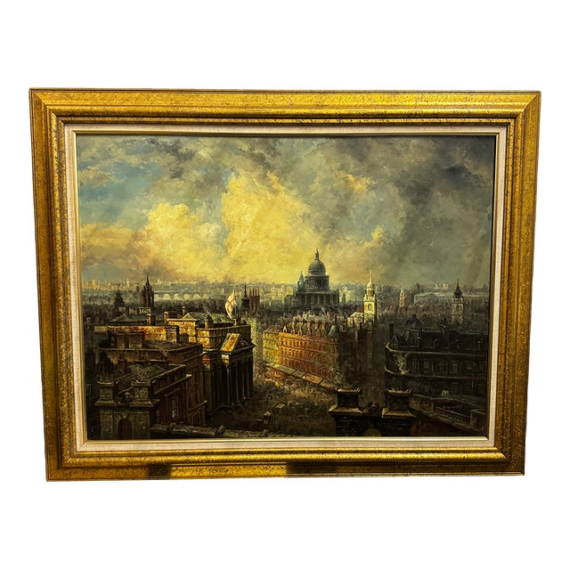 Mid-Century Modern Dramatic London Skyline Oil Painting – Framed, 30" X 40" For Sale