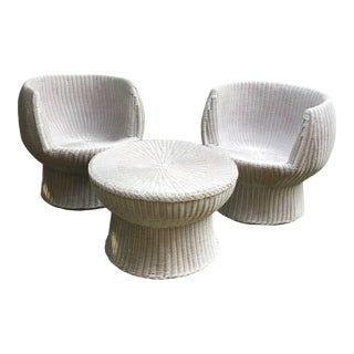 1970s Wicker Barrel Pod Chairs and Mushroom Table - Set of 3 For Sale
