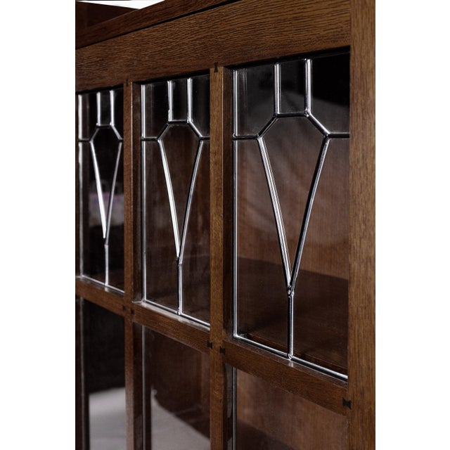Mission Leaded Glass Bookcase With Lock & Key - Walnut For Sale - Image 4 of 17