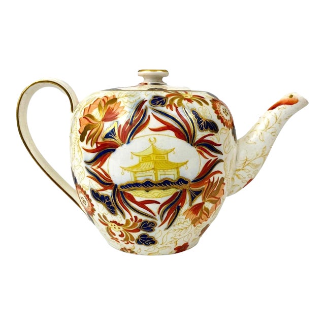19th Century English Porcelain Chinoiserie Imari Teapot With Pagoda Reserves For Sale