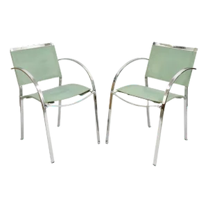 1970s Italian Modern Naos Italy Teal Blue Leather Chrome "Corset" Arm Chairs - a Pair