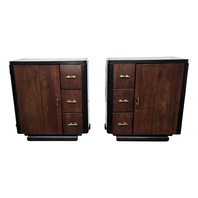 Italian Art Deco Bedside Tables in Wood and Brass, 1940s, Set of 2 For Sale