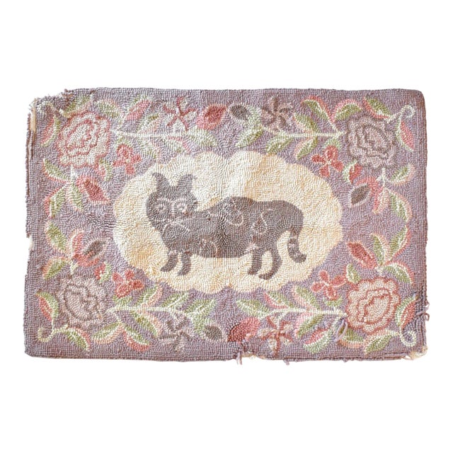 Antique Cat Hooked Wool Textile For Sale