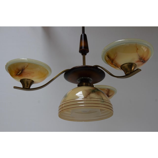 Art Deco Danish Brass Chandelier with Marbled Opaline Shades, 1930s. For Sale - Image 4 of 18
