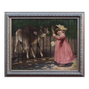 19th Century Antique Oil Painting on Canvas of Young Girl and Deer by August Drexler Turner