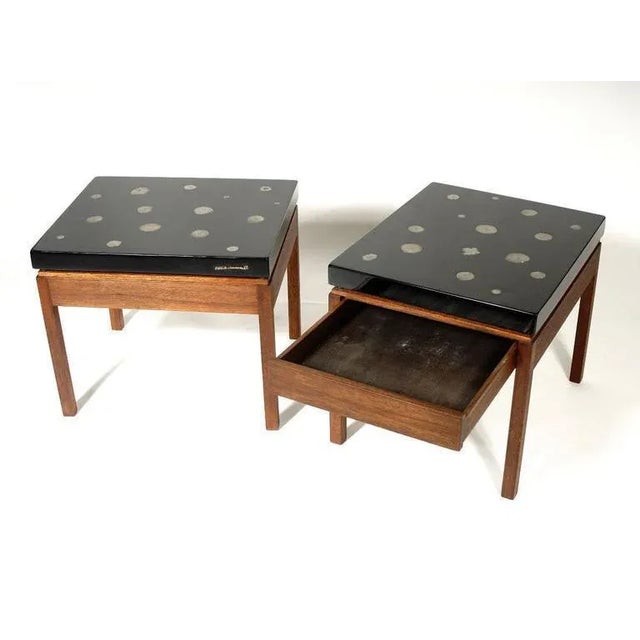 Pair of side tables by Etienne Allemeersch in black resin inlay Marcasite, with drawers circa 1980. This piece is...