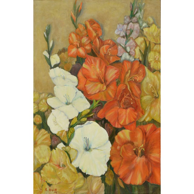 Close-up still life of yellow, orange and white gladiolas in bloom by B. Isbill (American, 20th century), 1974. Signed and...
