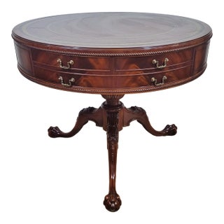 Vintage American Mahogany Gilt Tooled Leather Top Drum Table by Weiman Heirloom For Sale
