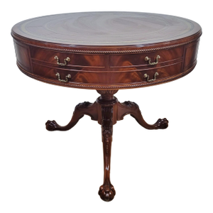 Vintage American Mahogany Gilt Tooled Leather Top Drum Table by Weiman Heirloom