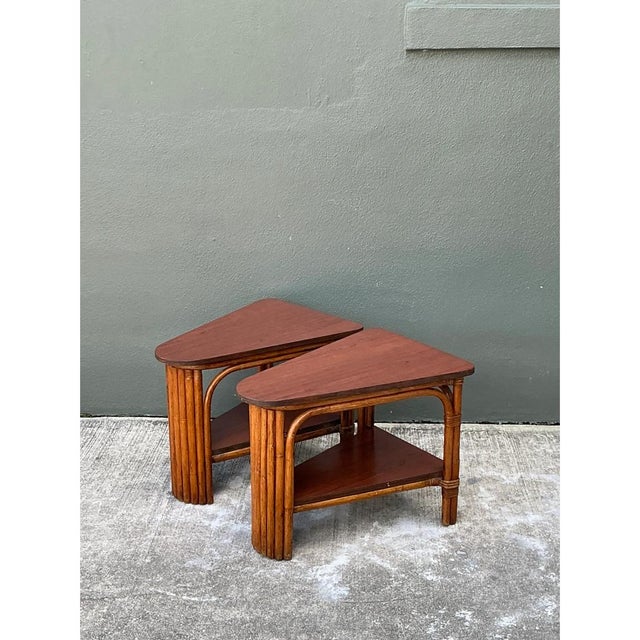 Mid-Century Modern Vintage Rattan Pie Slice Side Tables After Frankl For Sale - Image 3 of 15