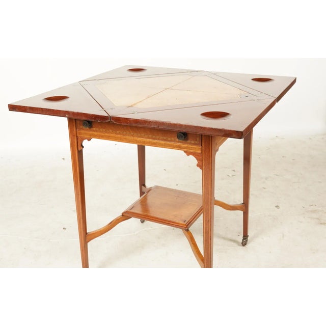 An English Sheraton Mahogany and Satinwood Inlaid Handkerchief Table Early 20th Century, Leather Top From the Estate of Bob Newhart For Sale In Los Angeles - Image 6 of 8