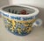Cheerful yellow and blue chinoiserie fish bowl planter with floral and bird motif. Hand painted koi fish on interior....