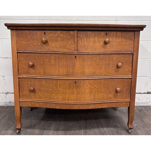 Victorian Antique Victorian Quarter Sawn Tiger Oak Serpentine Dresser With Mirror For Sale - Image 3 of 11