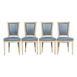 Antique French Louis XVI Style Painted Dining Chairs in French Blue - Set of 4 For Sale