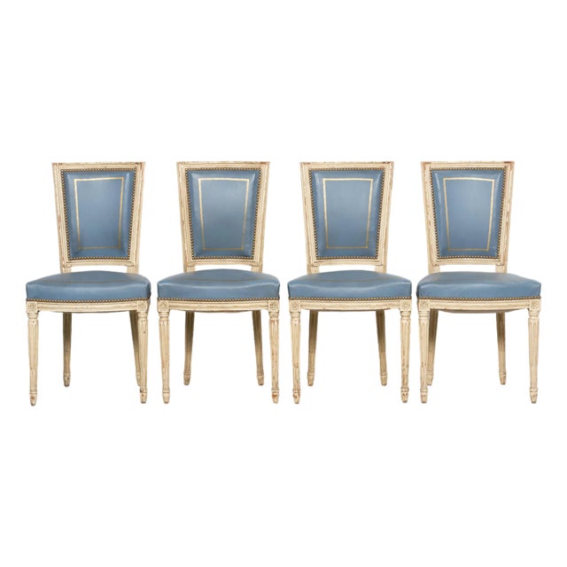 Antique French Louis XVI Style Painted Dining Chairs in French Blue - Set of 4 For Sale