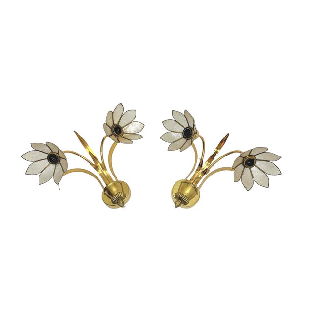 Hollywood Regency Brass and Lotus Flower Wall Lights by Sa Boulanger, 1960s, Set of 2 For Sale - Image 3 of 15