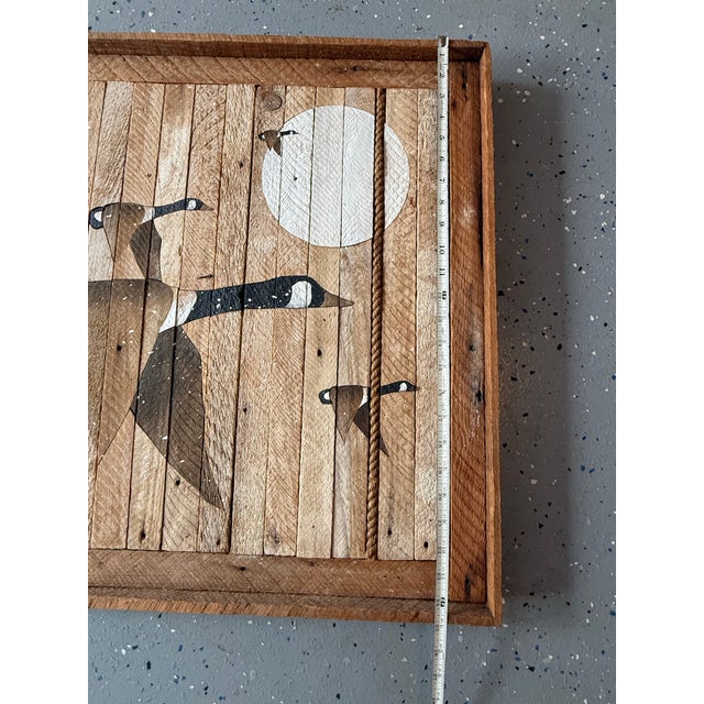 Large Vtg. 1989 Wood Inlay Geese Landscape Art Signed by C. Pruitt Inscribed 19th C. Wood Lath For Sale - Image 4 of 18