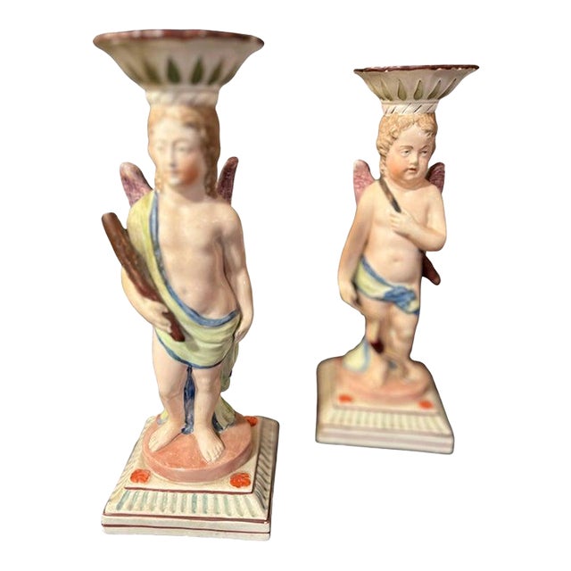 Antique Staffordshire Pair Pottery Candlesticks Figurines For Sale