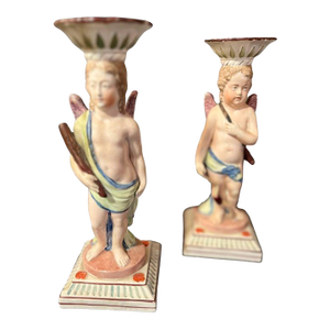 Antique Staffordshire Pair Pottery Candlesticks Figurines
