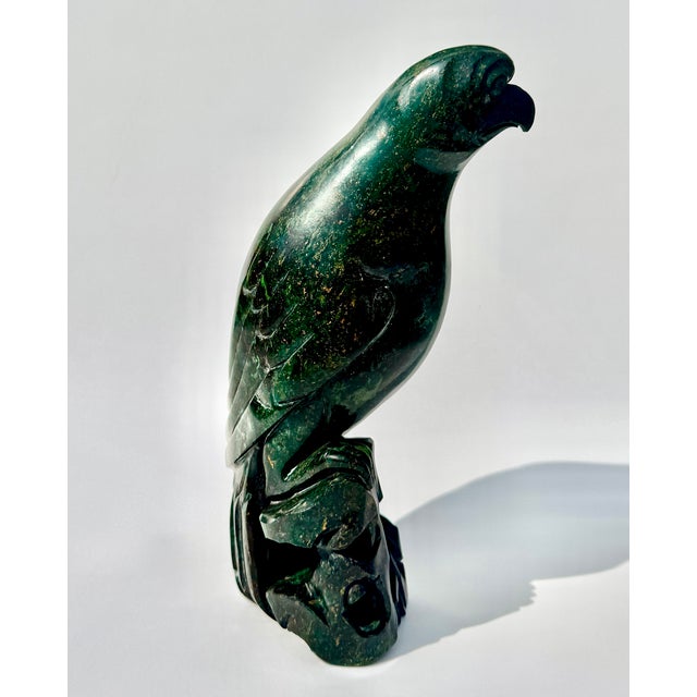 Chinese Hardstone Parrot Sculpture, Green Stone Bird Figure on Scholar Rock Base For Sale - Image 4 of 10