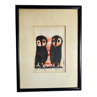 Vintage Herta Galton Framed Pair of Owls Artist Proof For Sale