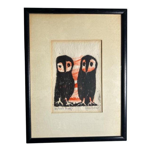 Vintage Herta Galton Framed Pair of Owls Artist Proof For Sale