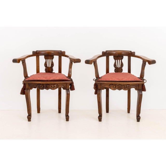 Pair of Lyre Form Back Walnut Tub Chairs, each with cane-paneled seat and red damask cushion with tassels. 27.75" H x 28"...