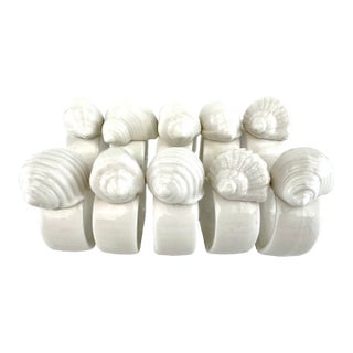 1970s White Ceramic Seashell Napkin Rings Coastal Table Decor - Set of 10 For Sale