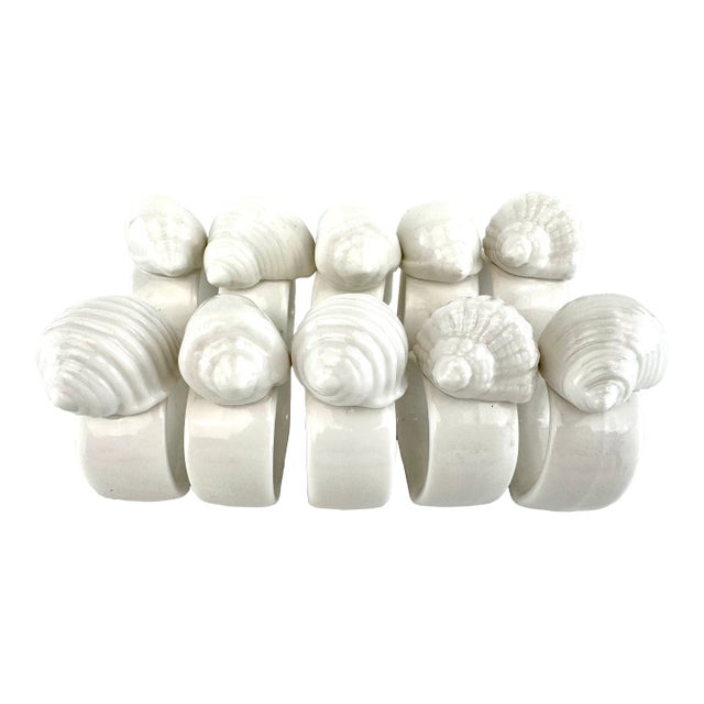 1970s White Ceramic Seashell Napkin Rings Coastal Table Decor - Set of 10 For Sale