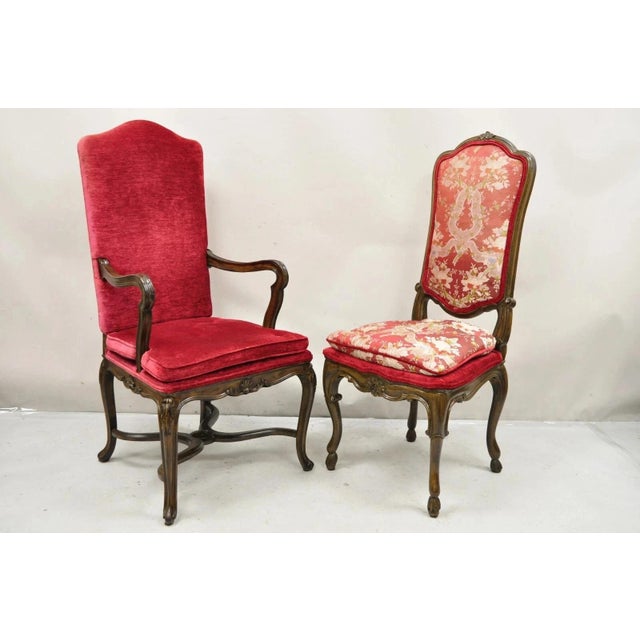 Vintage Italian Regency Style Carved Walnut Red Fabric Dining Chairs - Set of 6. Item features slight variation to finish...
