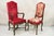 Vintage Italian Regency Style Carved Walnut Red Fabric Dining Chairs - Set of 6. Item features slight variation to finish...