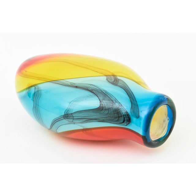 1980s Murano Italian Signed Fratelli Glass Vase 80's Orange Red, Turquoise, Blue, Yellow, Charcoal Black Vase, Vessel 80's For Sale - Image 5 of 12