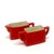 Artisanal red sugar bowl & creamer set. This mid-century ceramic sugar bowl and creamer set features a vibrant red glaze...
