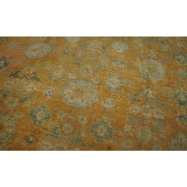 1880s Orange Salmon Geometric Tribal antiqueTurkish Decorative Angora Oushak Rug 9'9" X 13'3" Handknotted Wool Carpet For Sale - Image 4 of 8