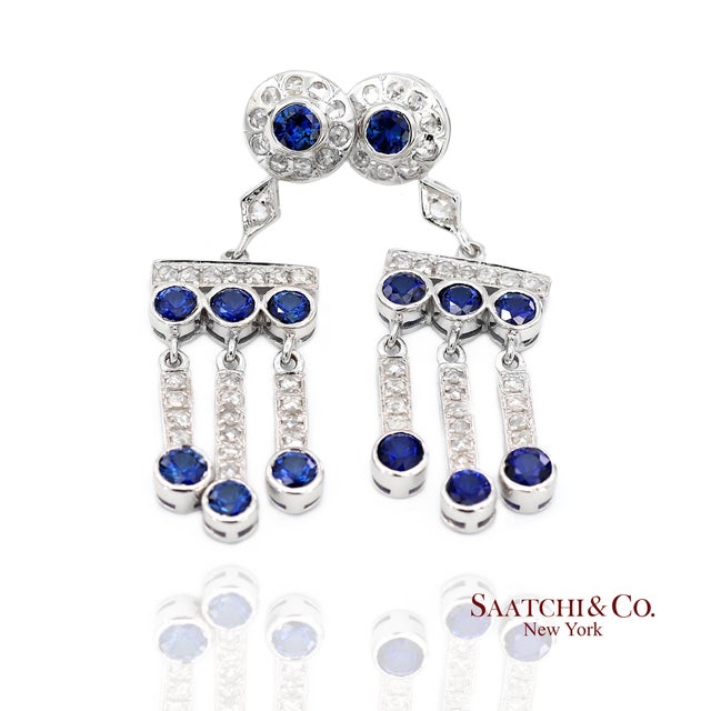 14k(585) Vintage White Gold Natural Diamond and Sapphire Earrings For Sale In New York - Image 6 of 12