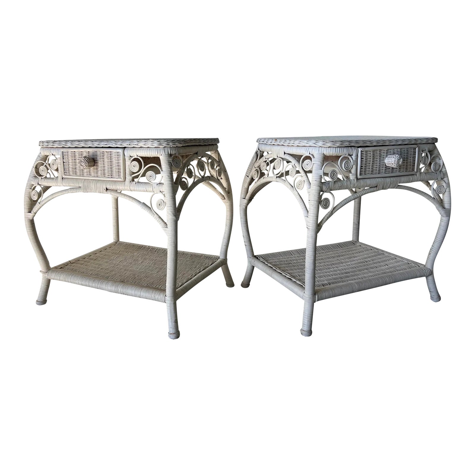 Vintage Coastal Palm Beach - Style White Woven Wicker Nightstands - a Pair | Chairish
