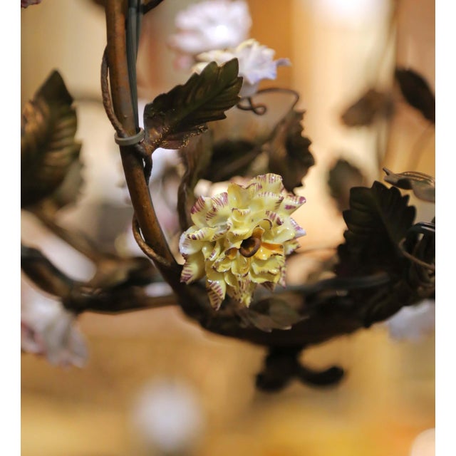 Early 20th C. French Four-Light Floral Tole Chandelier With Porcelain Flowers For Sale - Image 9 of 10