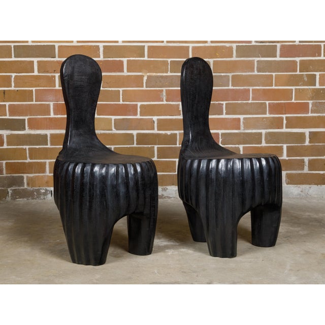 Mid 20th Century Sculptural Pair of Midcentury African Wood Spoon Back Black Chairs For Sale - Image 11 of 12