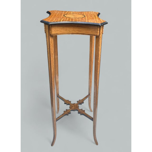 Antique Pair Sheraton Revival Edwardian Inlaid Satinwood Wine Tables Torcheres For Sale - Image 4 of 7