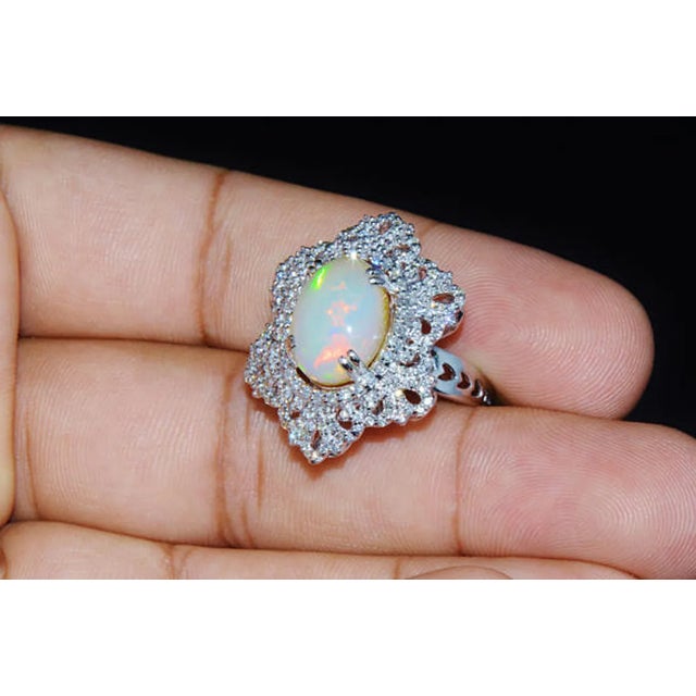 Certified Natural 7.6CTS VS F Diamond Opal 18K Solid Gold Cocktail Dome Ring, size 6.5 For Sale In Dallas - Image 6 of 8